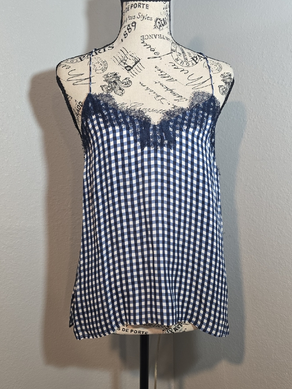CAMI NYC Navy & White Gingham Lace Trim Cami